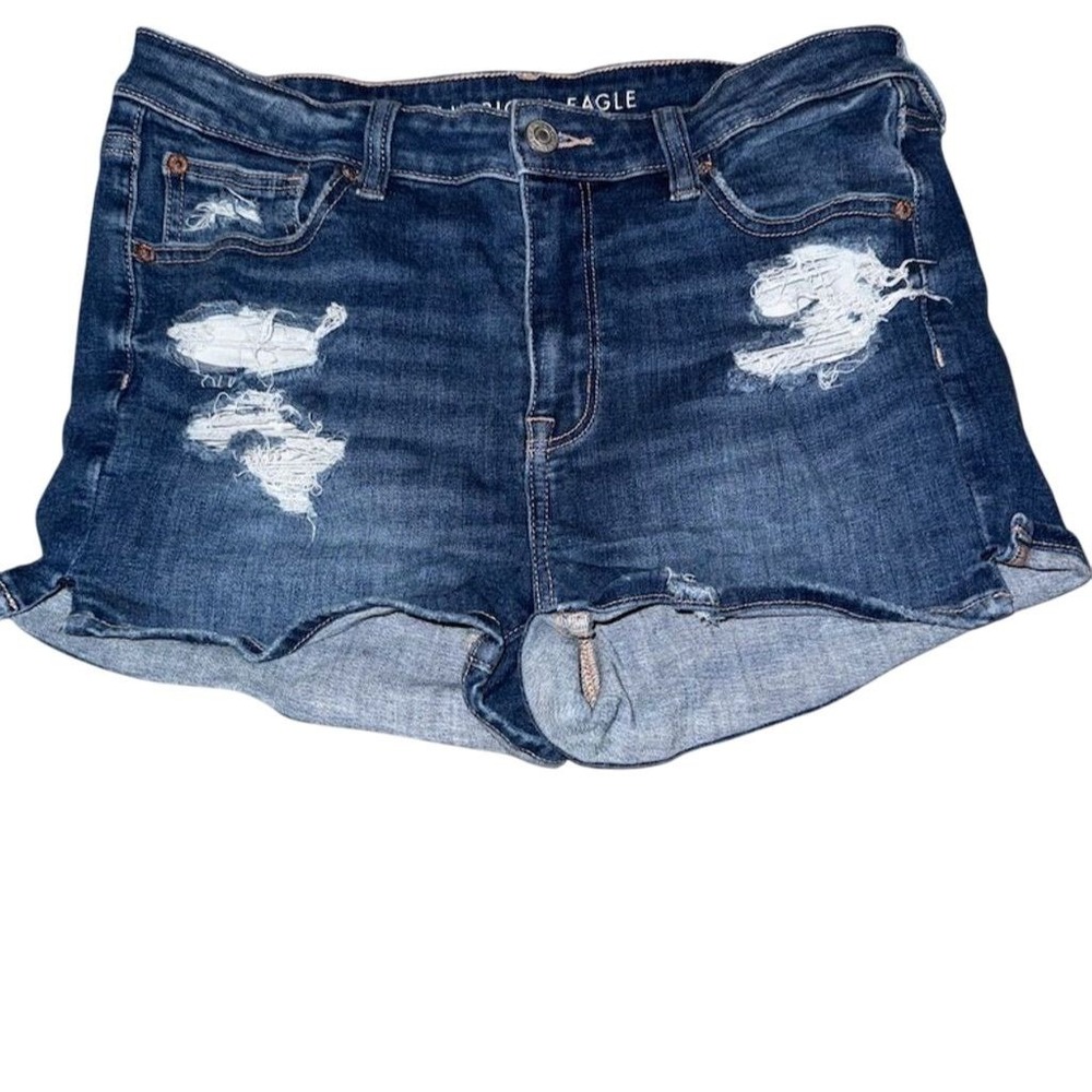 American Eagle Women's High-Rise shortie Distressed Denim Shorts Size 0 Blue